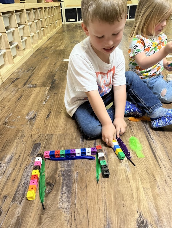 Student learning STEAM math by measuring feathers with building blocks